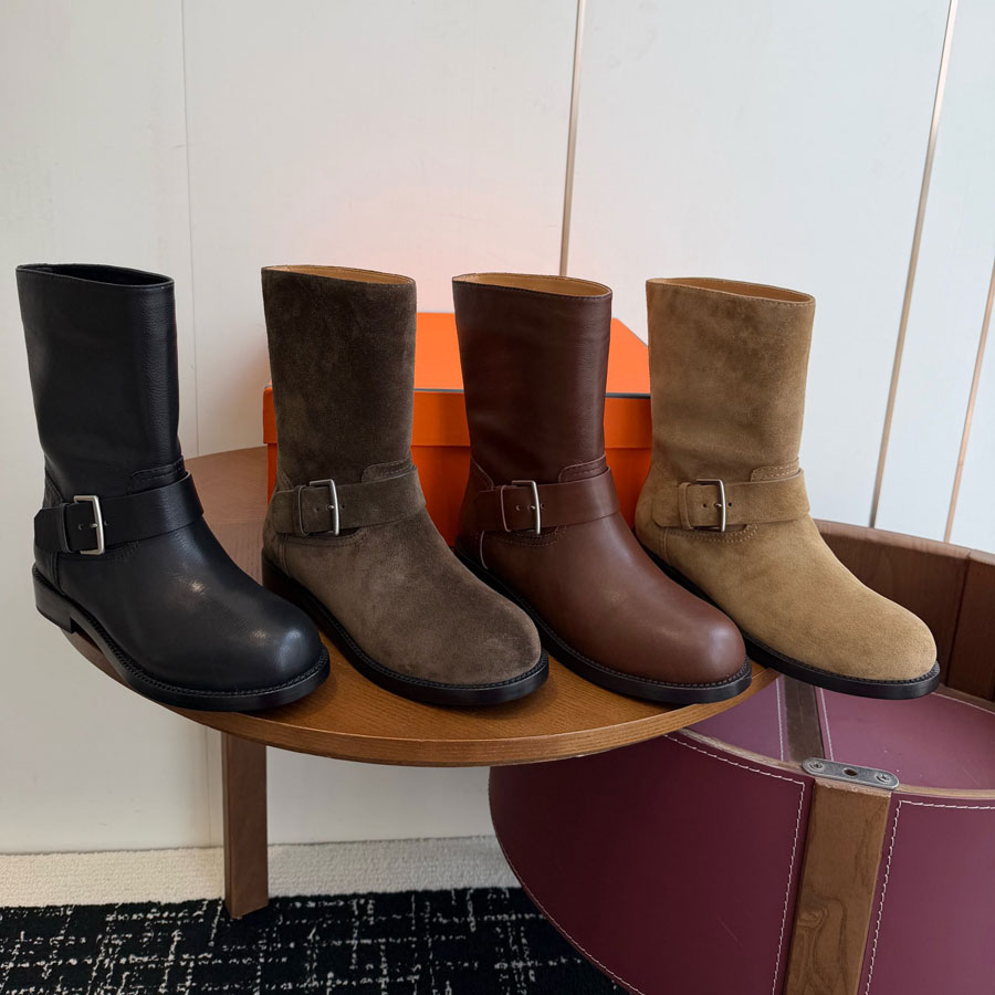 Luxury designer boots for womens knight boots top quality new Simple fashion With Buckle black brown Ankle Fashion booties slip on Combat Motorcycle Knight Boots