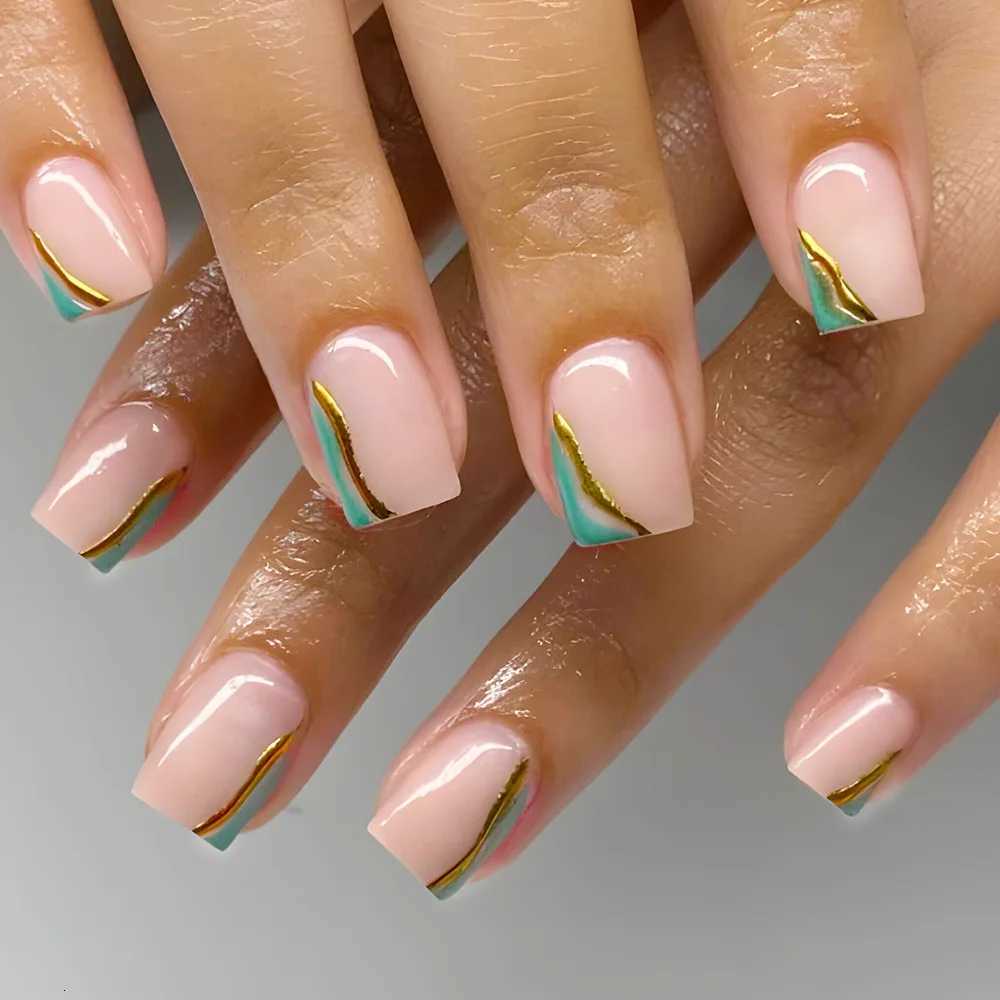 24Pcs Short Nude Square Fake Nail Colorful French Simple Flower Design Press on False Nails Detachable Full Cover Nails Tips ArtT251118T251119