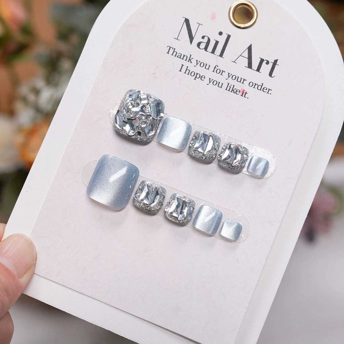 24PCS Flash Light Blue Fake Toe Nails Cats Eye Full Diamond Decor Short Square Foot Nails y2k Press On Removable False ToenailsT251118T251119