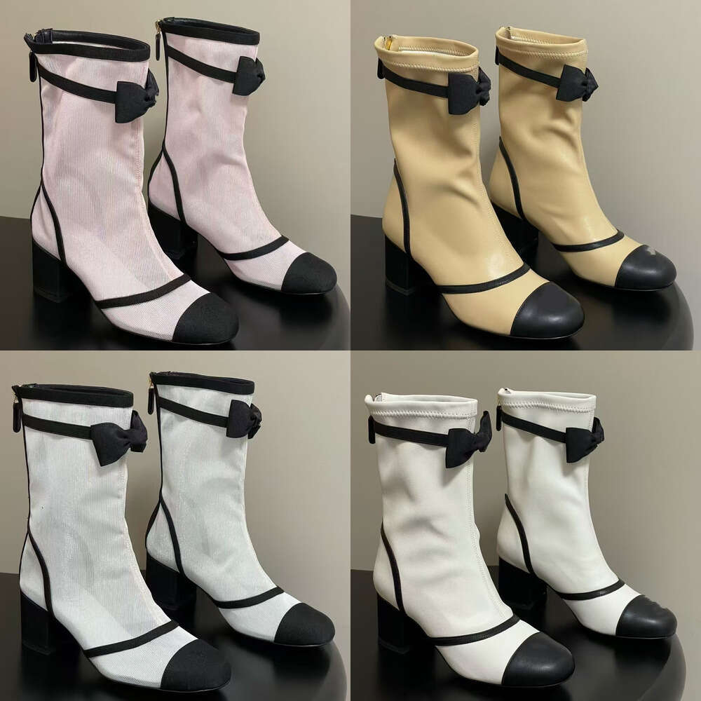 2025 Luxury designer bootie new Trendy Bow Net Mesh ankle boots womens pink white leather fashion Chunky Heel Zip booties women shoe shoes man
