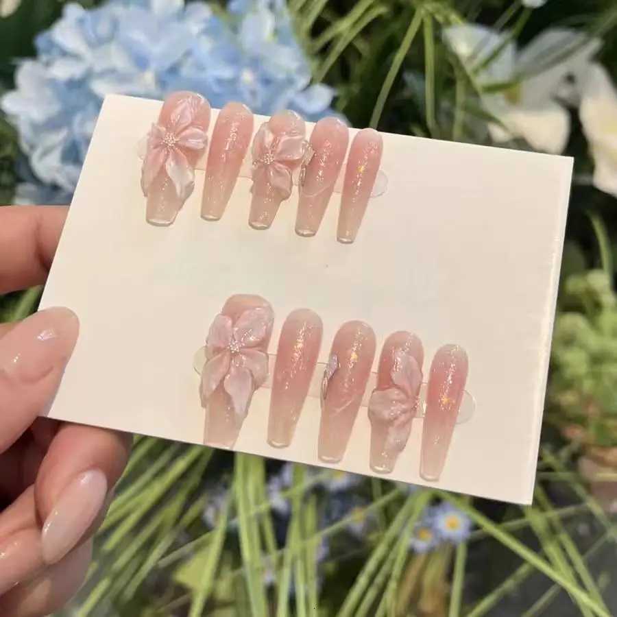 10Pcs Handmade Gradient Pink Fake Nails Long Press On Nails French False Nails 3D Pink Flowers Decor Wearable Press on NailsT251118T251119