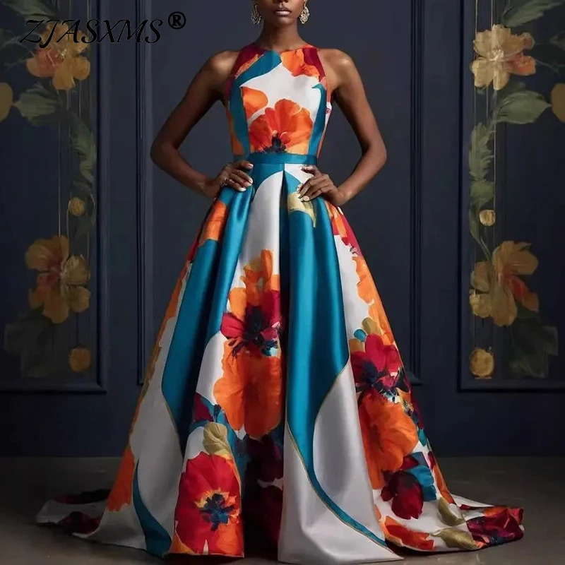 Vestidos sexy sleeveless hem dress evening womens floral print high waisted long springsummer Oneck bohemian 250418
