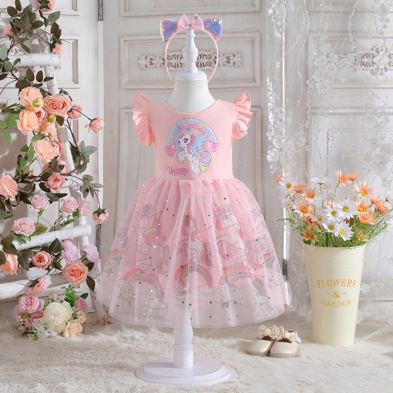 DISNEY kids designer clothes dress short-sleeved unicorn printed mesh Fairy princess dress unicorn dress for girls children birthday short sleeve puff
