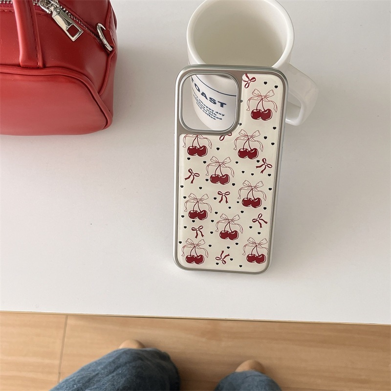 Bowknot Cherry Phone Case Compatible with iPhone 16 Pro Max Silver Edge Protective Case iPhone 15/14/13 Pro