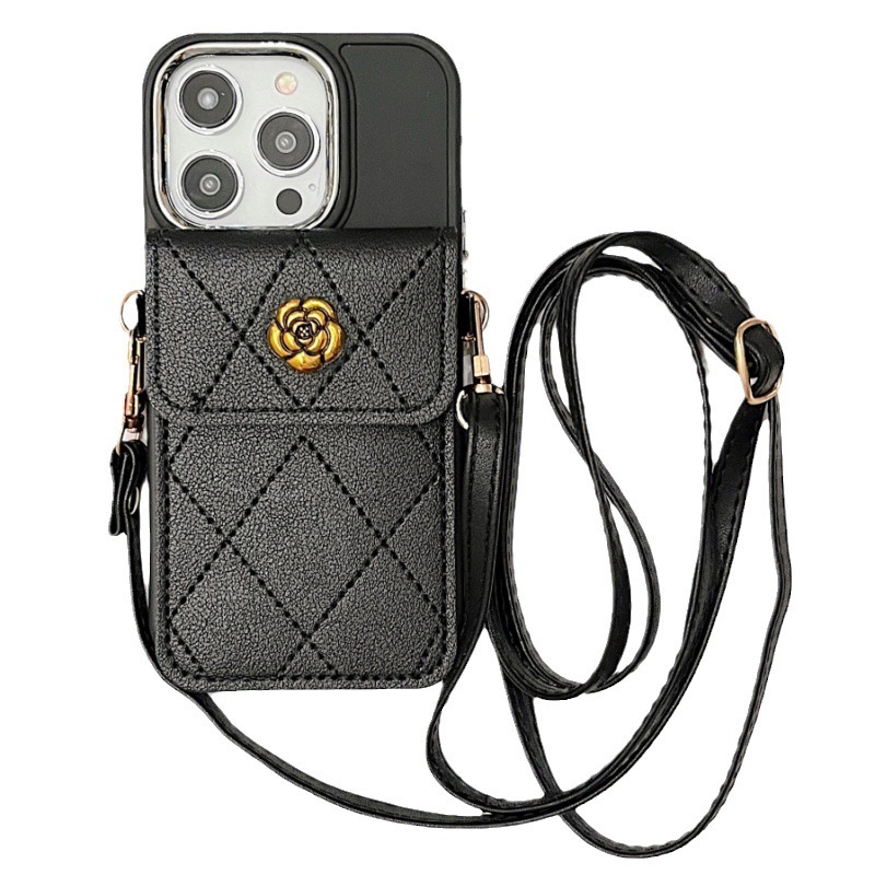 Camellia Card Holder Phone Case Compatible with iPhone 17/16 Pro Max Crossbody Strap Fashion Soft Protective Case iPhone 15/14