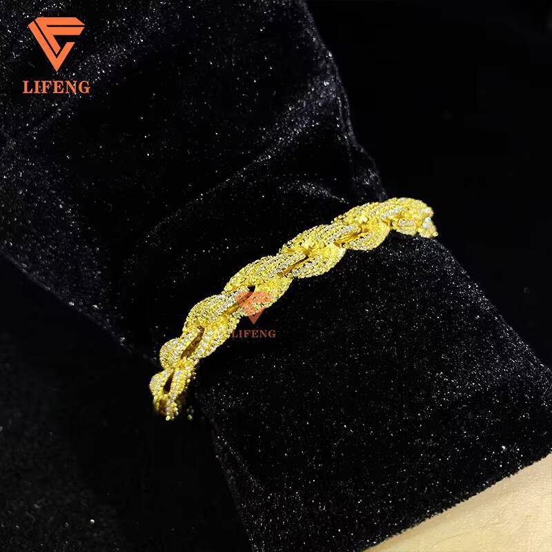 Custom Hand Make VVS Moissanite Diamond 8mm Gold Plated 925 Solid Silver Rope Chain Bracelet for Cuban Link Chain