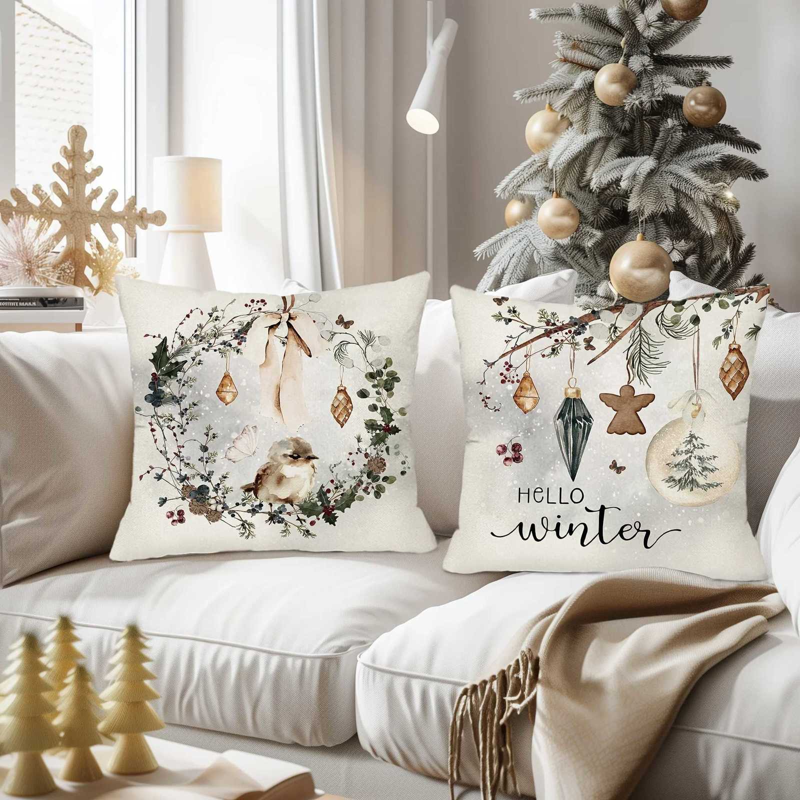 4-Pack Country-Rustic Style Throw Covers 18x18 Inch Hand Washable Watercolor Christmas Motif Boho Farmhouse Holiday GrM251119