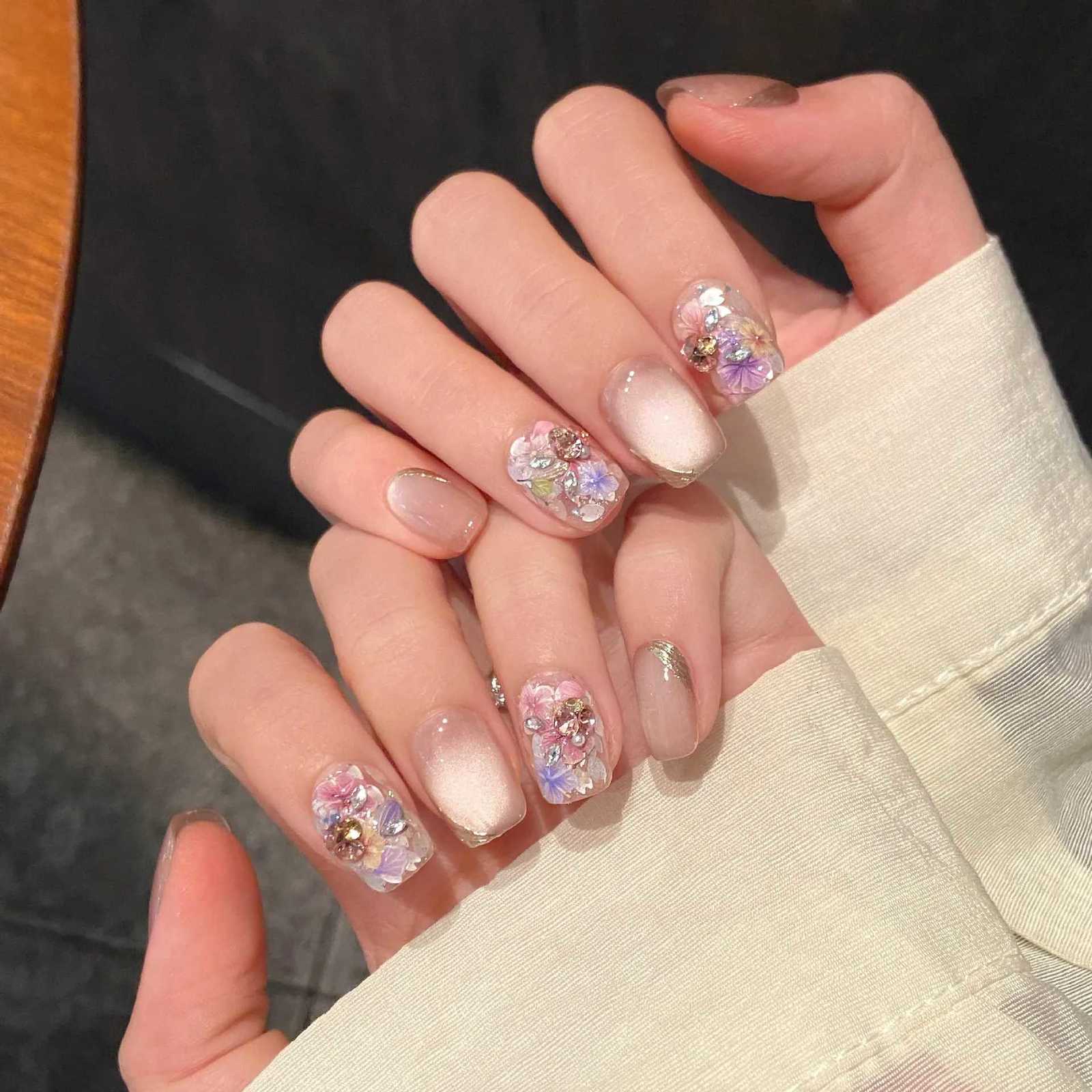 10pcs Short Square Handmade False Nail Art Cats Eye Design Press on Fake Nails Colorful Flower Full Cover Nail Tips ManicureT251118T251119