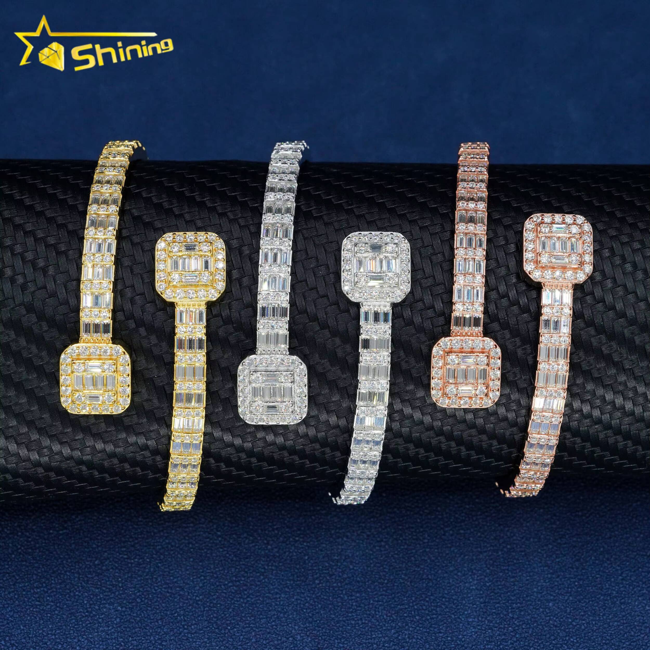 Factory Price Pass Diamond Tester Hip Hop Style 5MM Iced Out Baguette Diamond Square Clasp 925 Silver Moissanite Bangle Bracelet