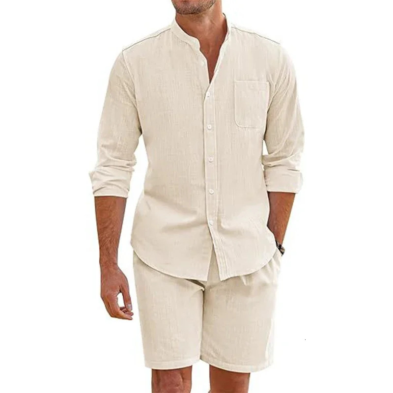 Daily Casual Breathable Cotton Linen Outfits Mens Vintage Stand Collar Button-up Shirts And Shorts Sets For Men Clothing Summer 250418