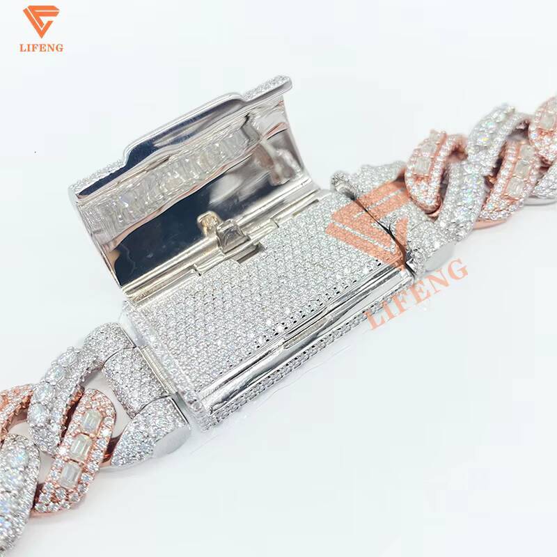 Baguette Cut Rose Gold Plated Two Tone Necklace Iced Out 18mm 925 Sterling Silver HipHop Jewelry Vvs Moissanite Cuban Link Chain