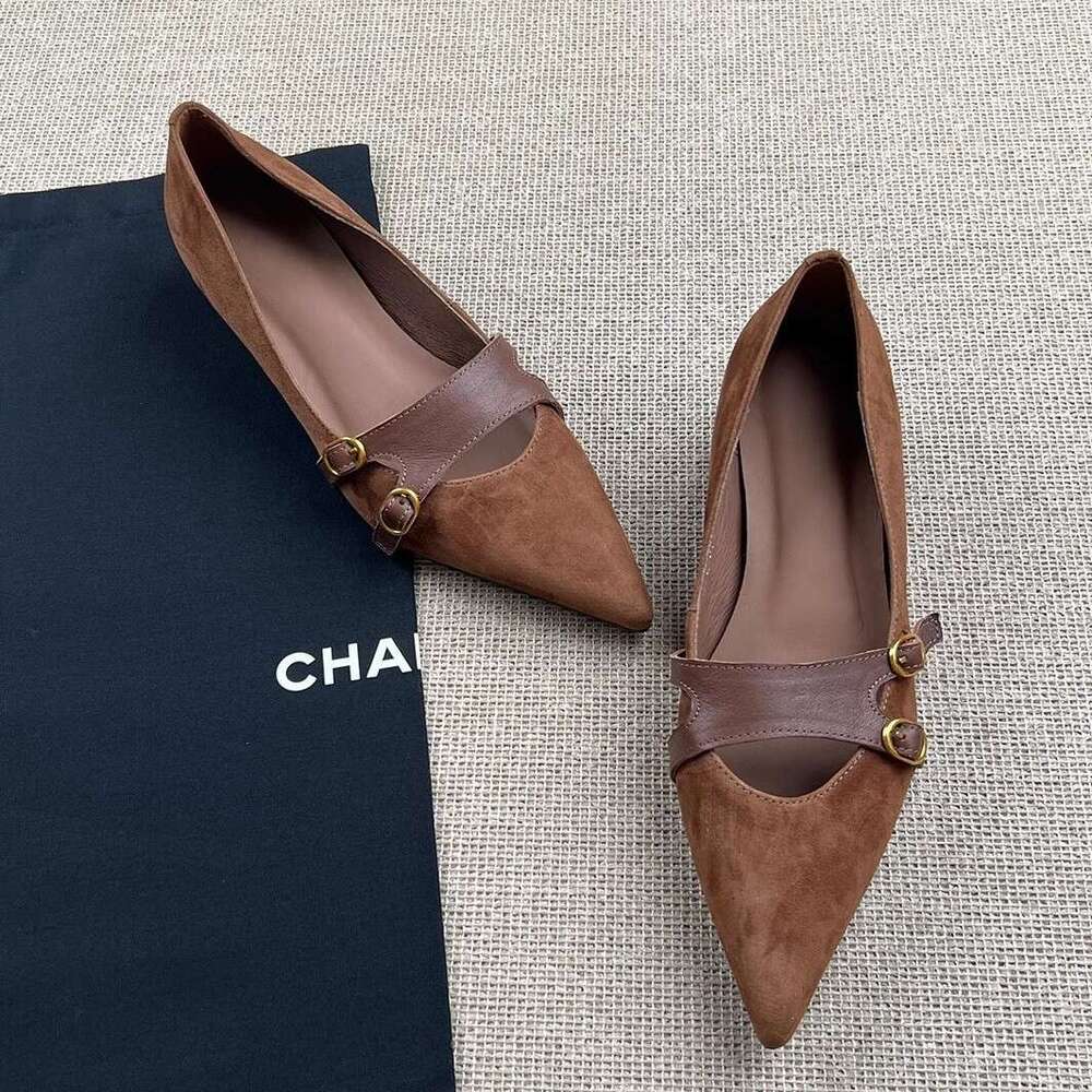 Elegant Brown wedges comfortable heels Pointed Toe Designer Shoe Mary Jane Shoes for Women Leather Flats