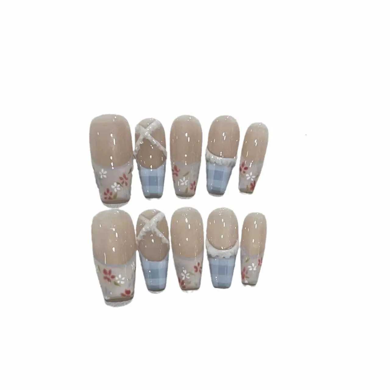 10PCS Flowers Plaid French Handmade False Nails 3D Stripe Decor Long Ballet Press On Nails Nude Sweet Spring Fake Nails WearableT251118T251119