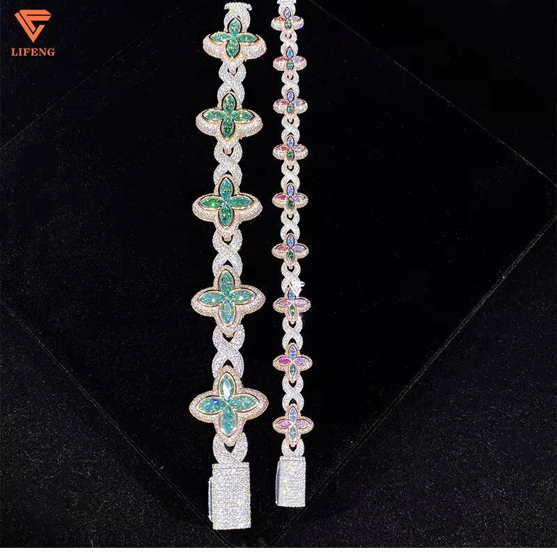 New Design 925 Silver Iced Out VVS Diamond Colored Moissanite Bracelet Gold Plated Lucky Clover Bangle for Hip Hop Jewelry
