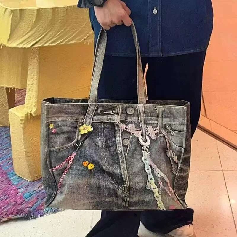 FIRMRANCH Street Photography Trendy Letter Chain Printed Design Large Capacity Denim Women's Shoulder Bag Tote Shopping Pouch