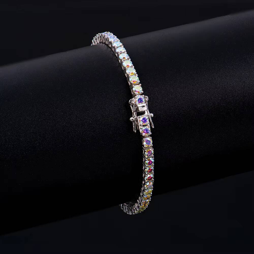 Colorful Moissanite Tennis Bracelet 3mm Rainbow Color 925 Sterling Silver Tennis Chain White Gold Plated with GRA Cert