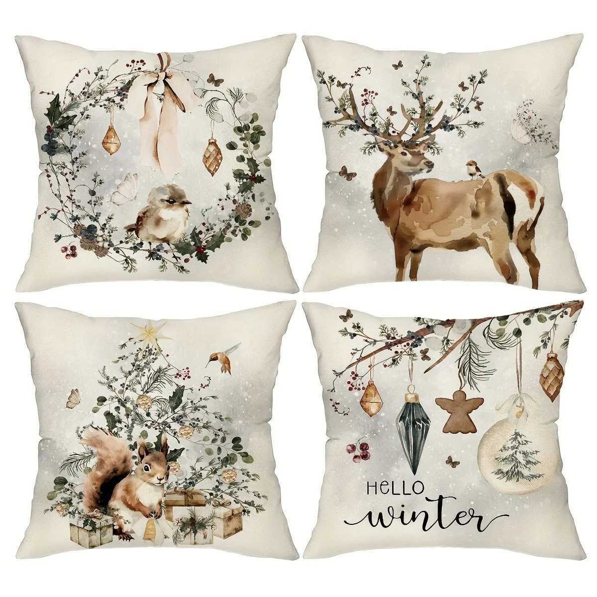 4-Pack Country-Rustic Style Throw Covers 18x18 Inch Hand Washable Watercolor Christmas Motif Boho Farmhouse Holiday GrM251119