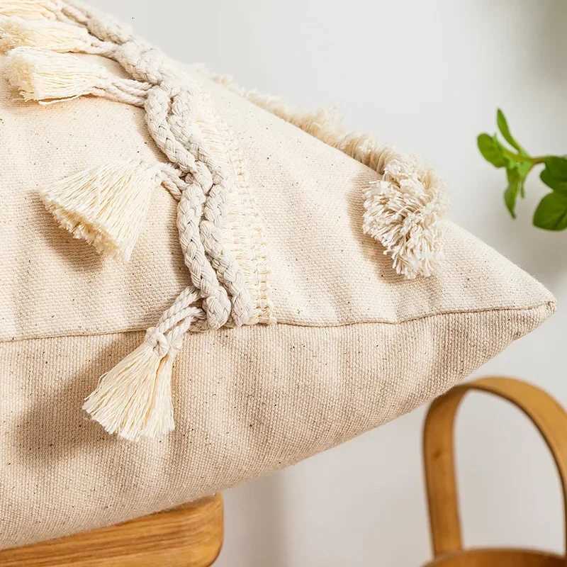 Beige Tufted Fringed Cushion Cover Wabi-sabi Cotton and Linen Decorative s for Sofa Geometric Tassel Cover HomeM251119