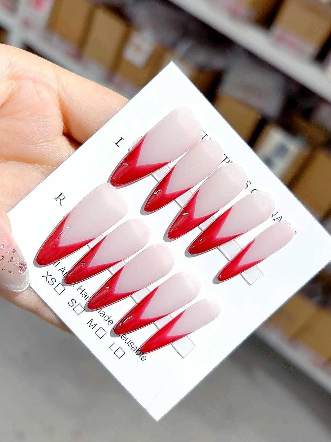Red V French Mid-Length Pointed Fashion Nail Art A035T251118T251119