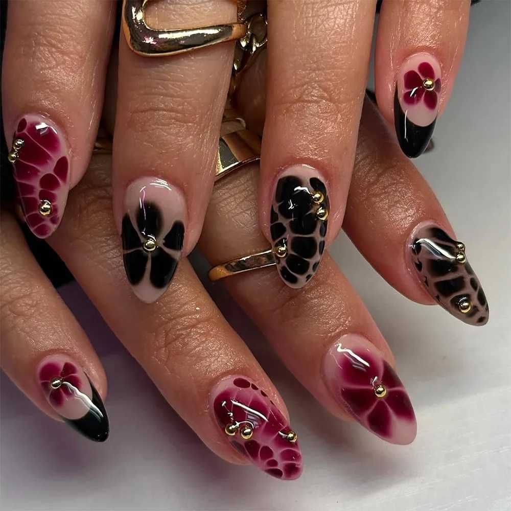 24PCS Retro Brown Five-petaled Flowers French Press on Nails Golden Irregular Edge Almond Fake Nails for Women Simple False NailT251118T251119