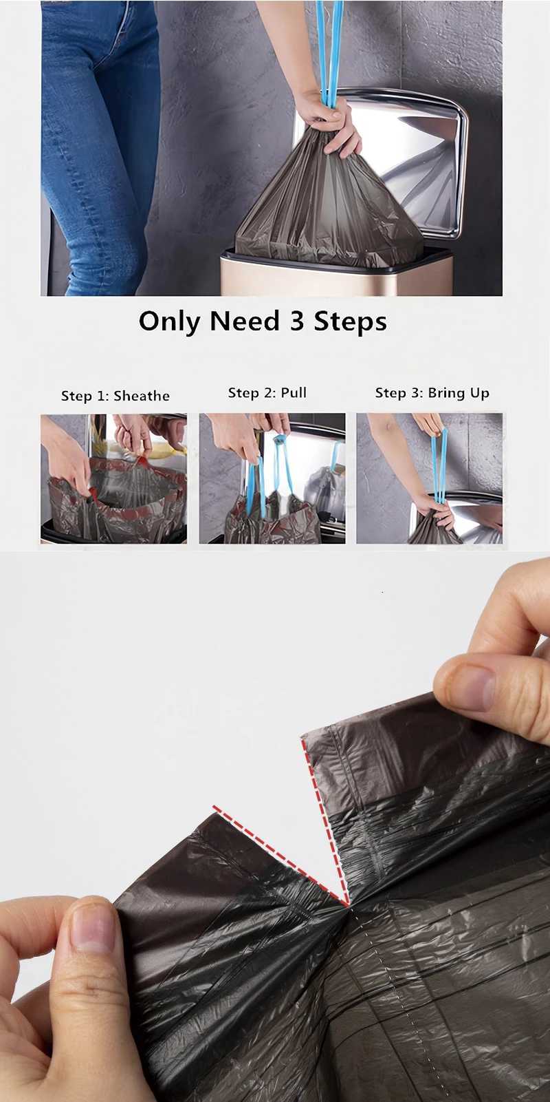 Black Drawstring Garbage Bag Trash Can Liner 12 rolls of 1/5 rolls of 1 pack 60 pieces 45cm17in50cm19in C251119