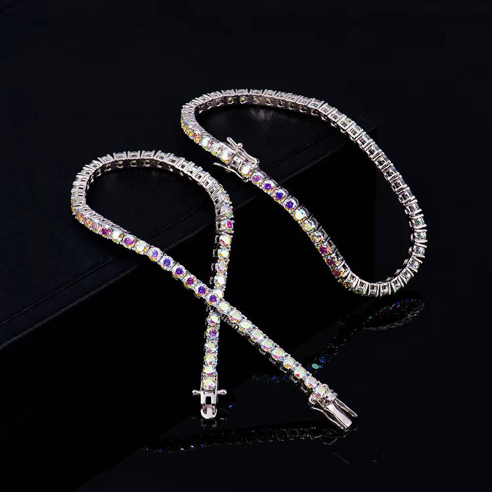 Colorful Moissanite Tennis Bracelet 3mm Rainbow Color 925 Sterling Silver Tennis Chain White Gold Plated with GRA Cert