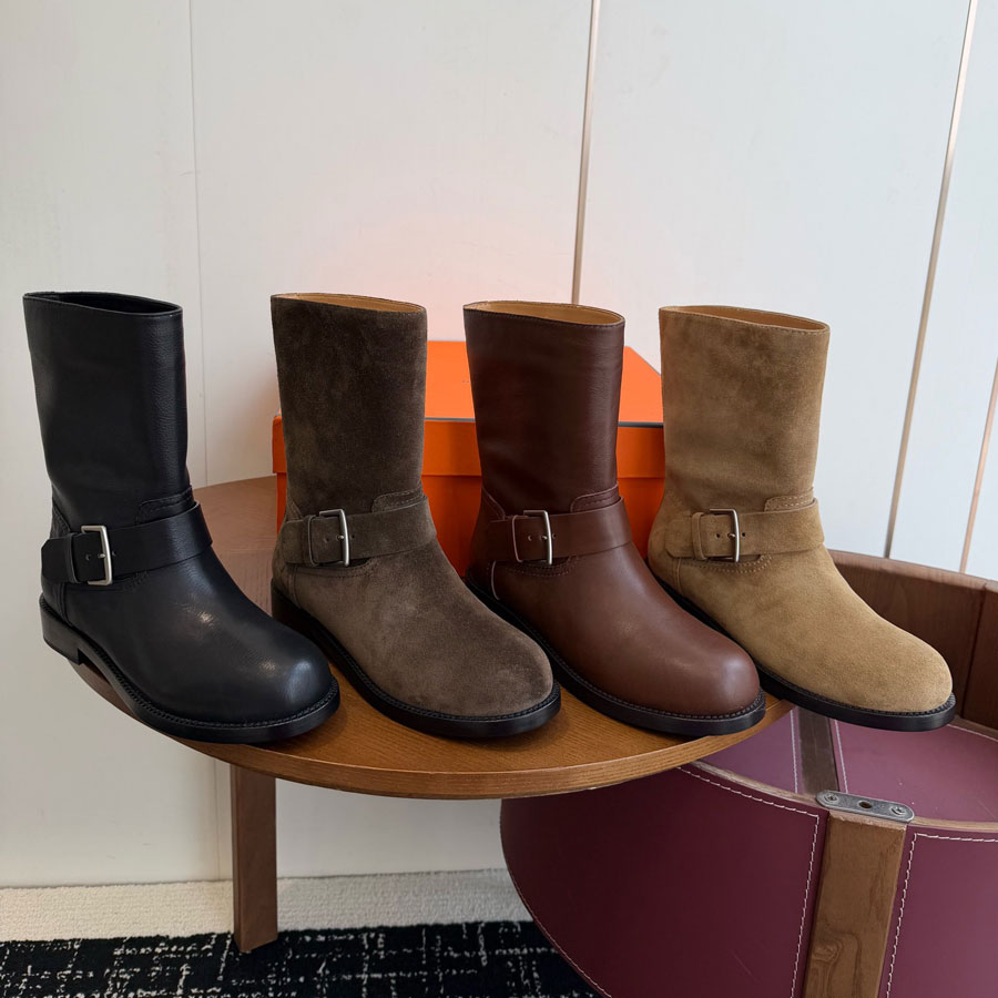 top quality new Simple fashion With Buckle black brown Ankle Fashion booties slip on Combat Knight Boots Motorcycle Luxury designer boots for womens knight boots