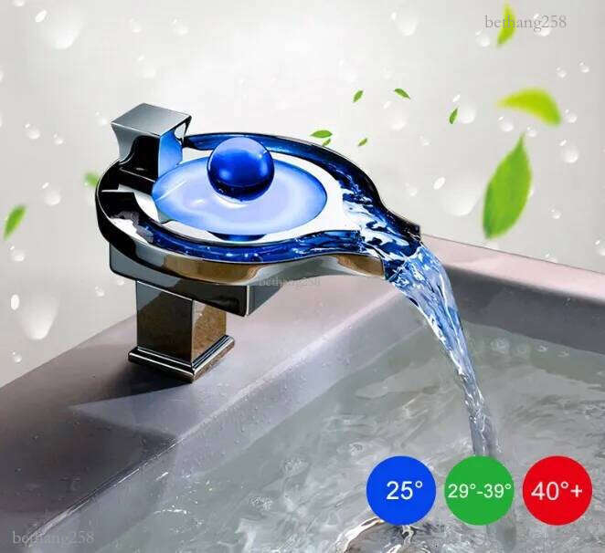 LED Faucet LED Bathroom Basin Faucet Brass Chrome Finished Waterfall Taps Water Power Basin Tap Mixer Torneira