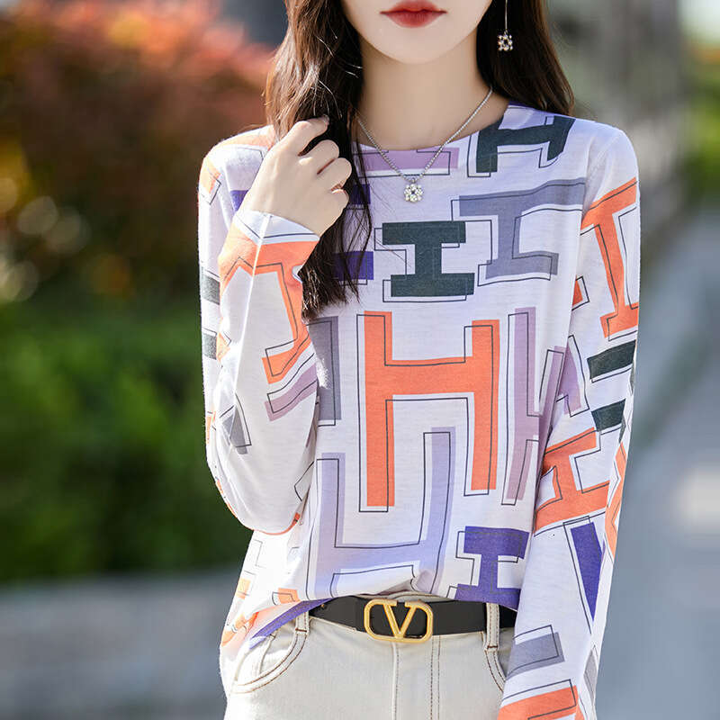 Printed T-Shirt Fashionable Slim And Temperament Knitted Sweater Pullover Korean Long-Sleeved Base Shirt