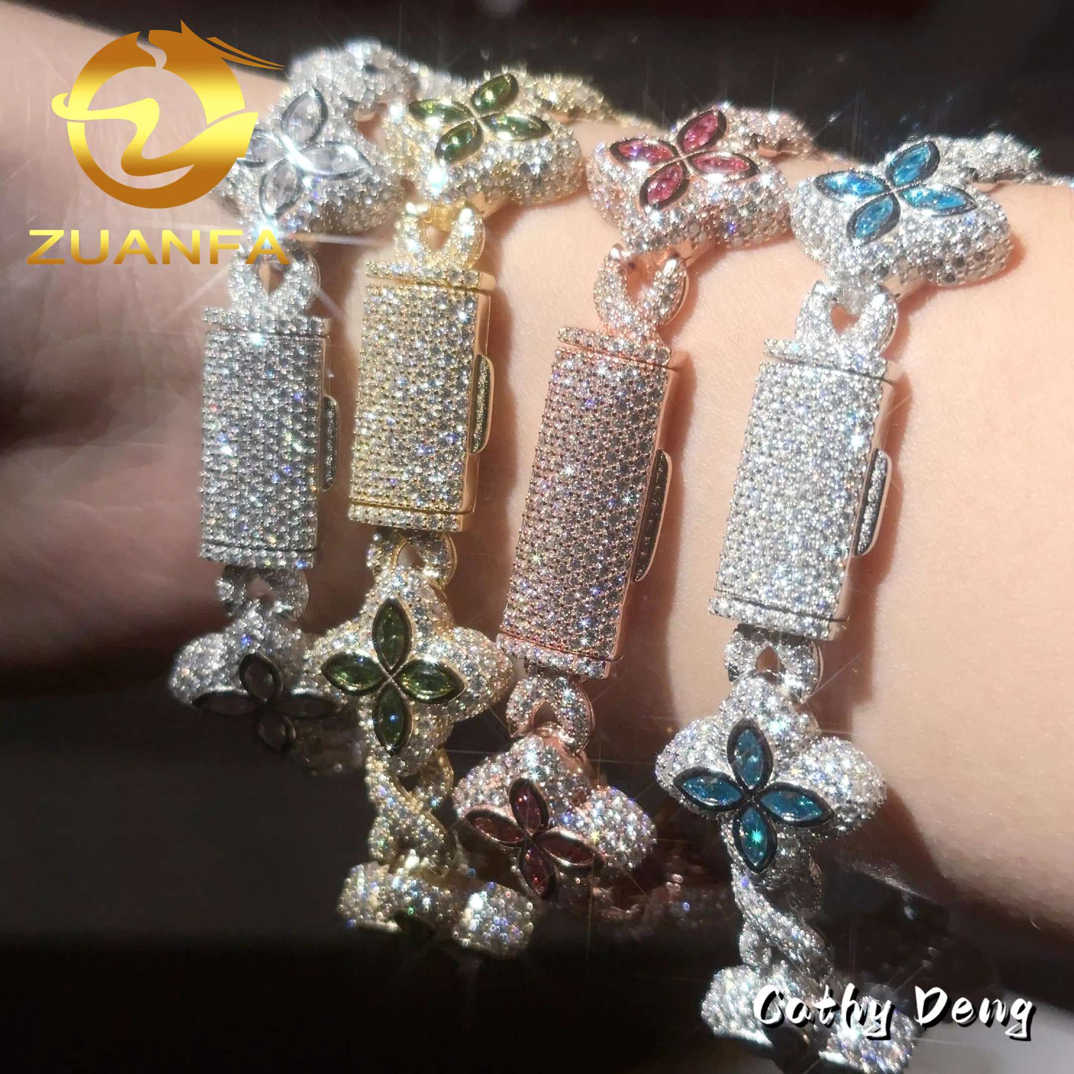 Color Natural Peridot With Moissanite Cuban Link Bracelet 18k White Gold Plated Moissanite Diamond High Quality Hip Hop Bracelet