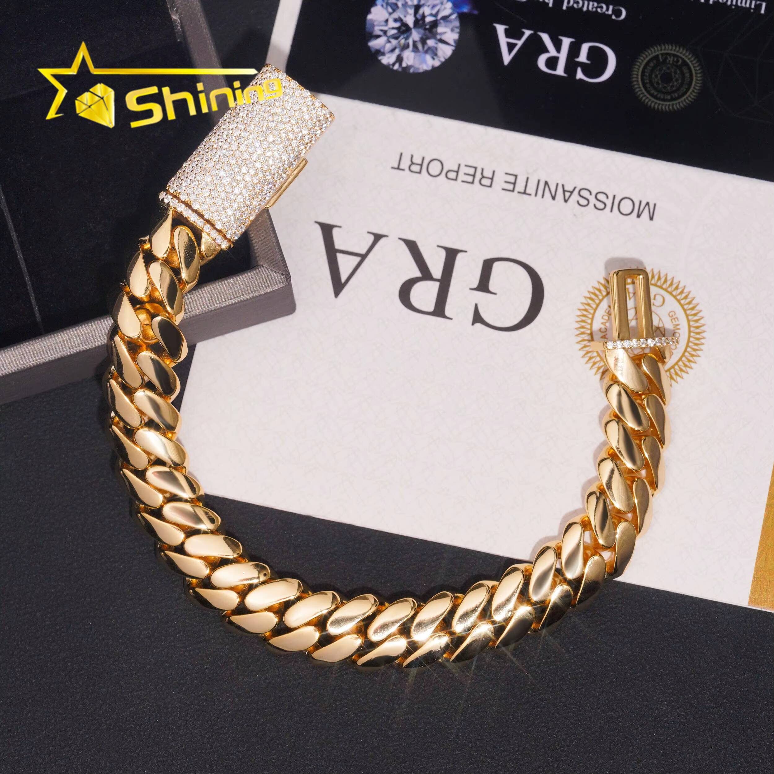 Hip Hop Jewelry Gold Plated 12mm Plain Cuban Bracelet with Moissanite Clasp Custom 925 Silver Bracelet for Men