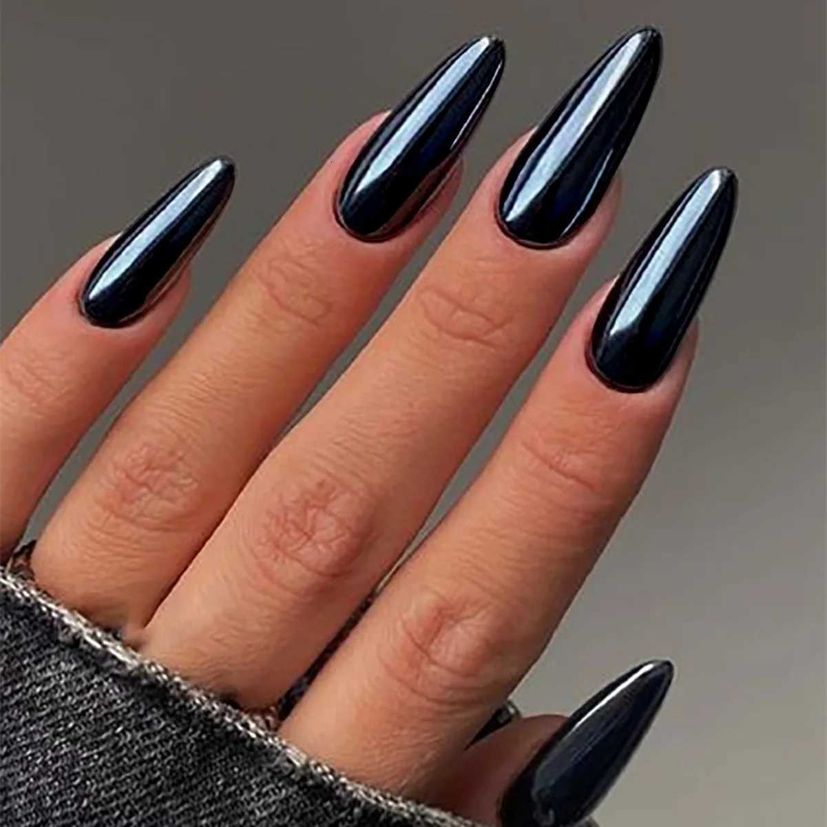 24pc/set Medium almond fake nails metallic mirror red black purple blue golden tips faux ongles y2k press on acylic false nailT251118T251119