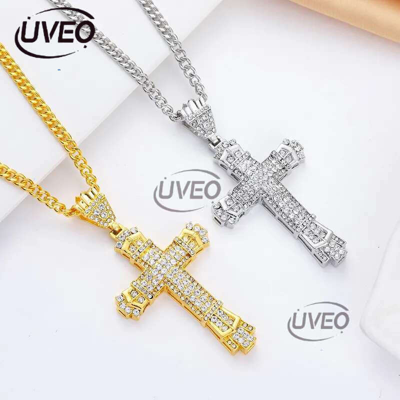 Hip Hop Cross Pendant Religious Charm Gold Sier Full Ice Out Crystal Neckalce Simulated Dias Catholic Crucifix Necklace With Cuban Chain Jewelry
