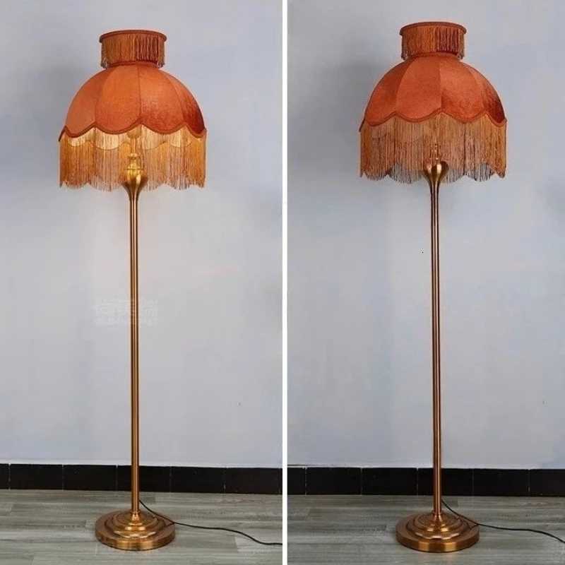 French tassel velvet lampshade floor lamp luxurious retro caramel handmade art station lamp for living room sofa bedroom M251119