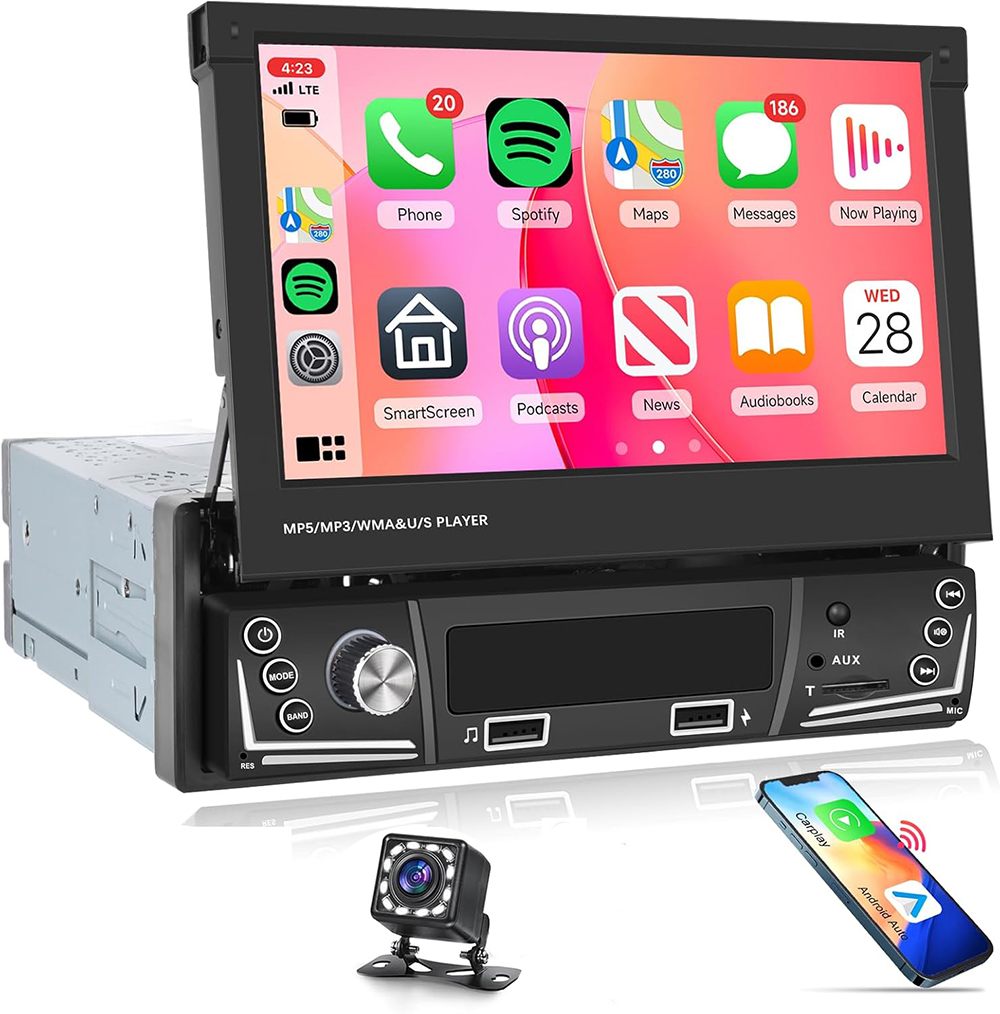 7 Inch Touchscreen Car Stereo Wireless Carplay Android Auto Automatic Flip Out Screen Car Radio Bluetooth FM/AM, USB/TF/Aux, SWC, Voice Control, 12 LEDS Backup Camera