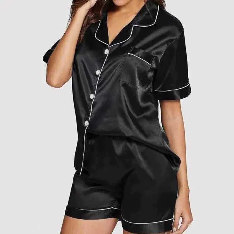 2025 Womens Silk Satin Pajamas Pyjamas Set Two Piece Set Loungewear Short Sleeve Sleepwear Pijama Pajamas Suit Female SleepC250419