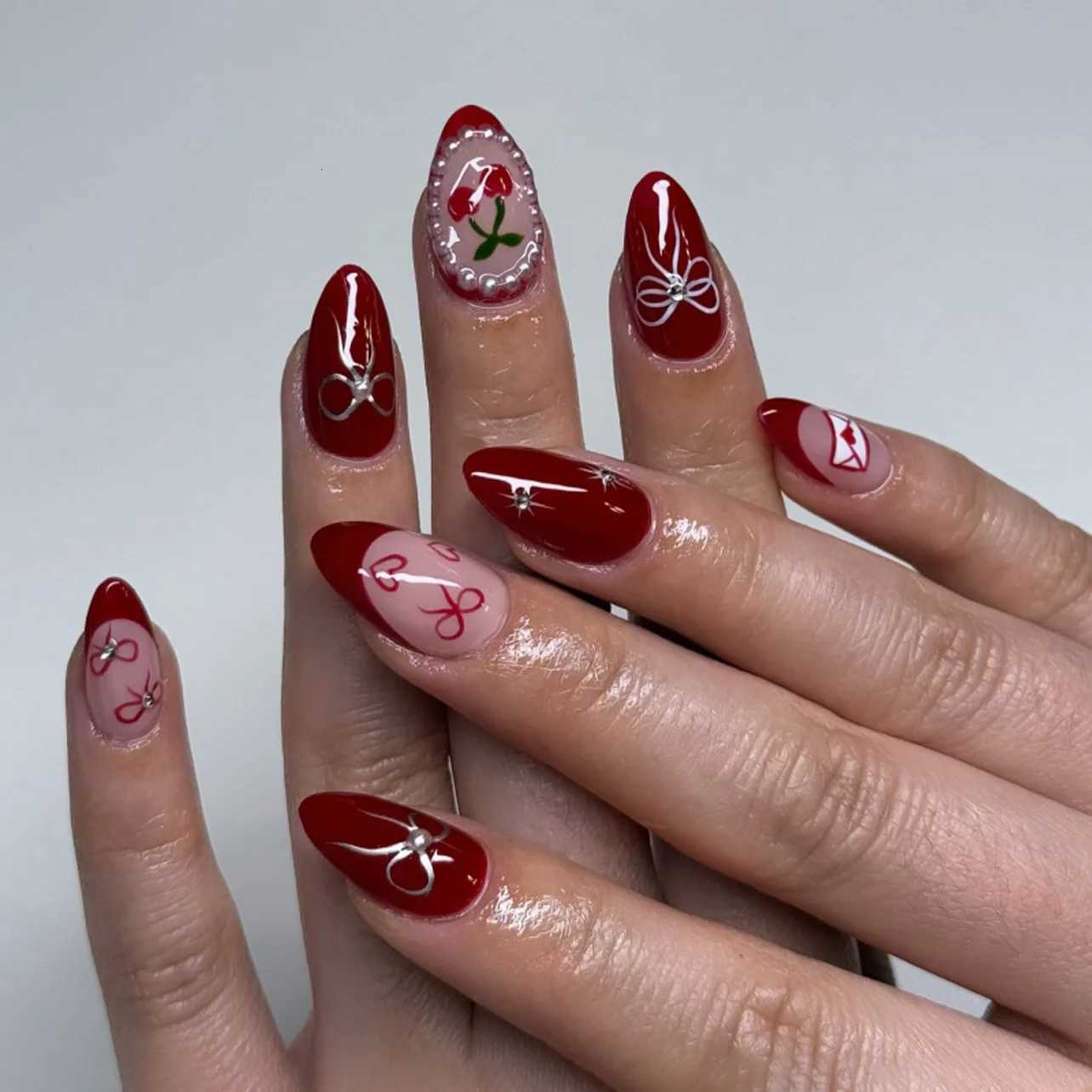 24Pcs Short Almond Full Cover False Nails Tips with Pink Smudge 3D Flower Design Press on Nails Pearl Detachable Fake Nails ArtT251118T251119