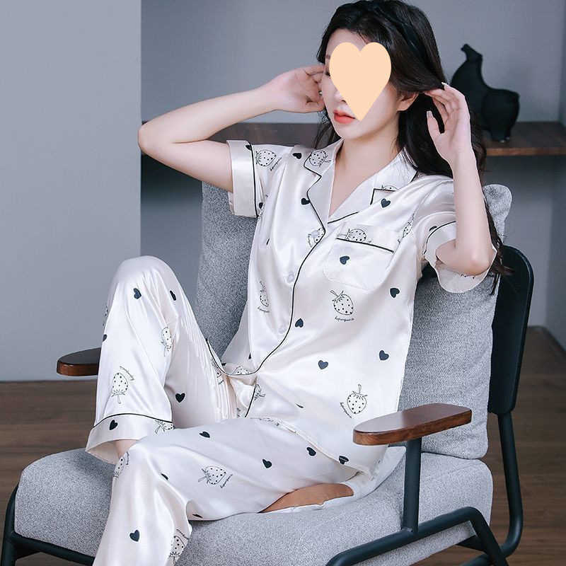 Summer women's ice silk two-piece set pajamas, summer women's short-sleeved silk thin style large-sized popular home wear for spring and aut