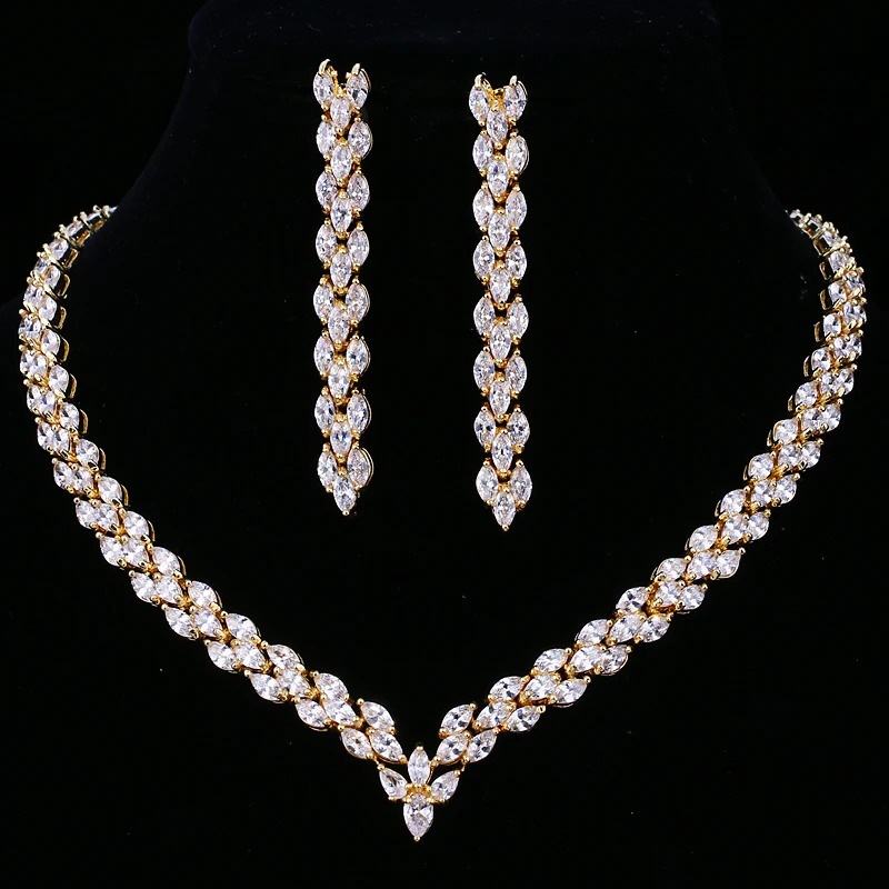 Emmaya Exquisite Cubic Zirconia Wedding Party Jewelry Set Gold Color High Quality CZ Bridal Necklace Earring 250530