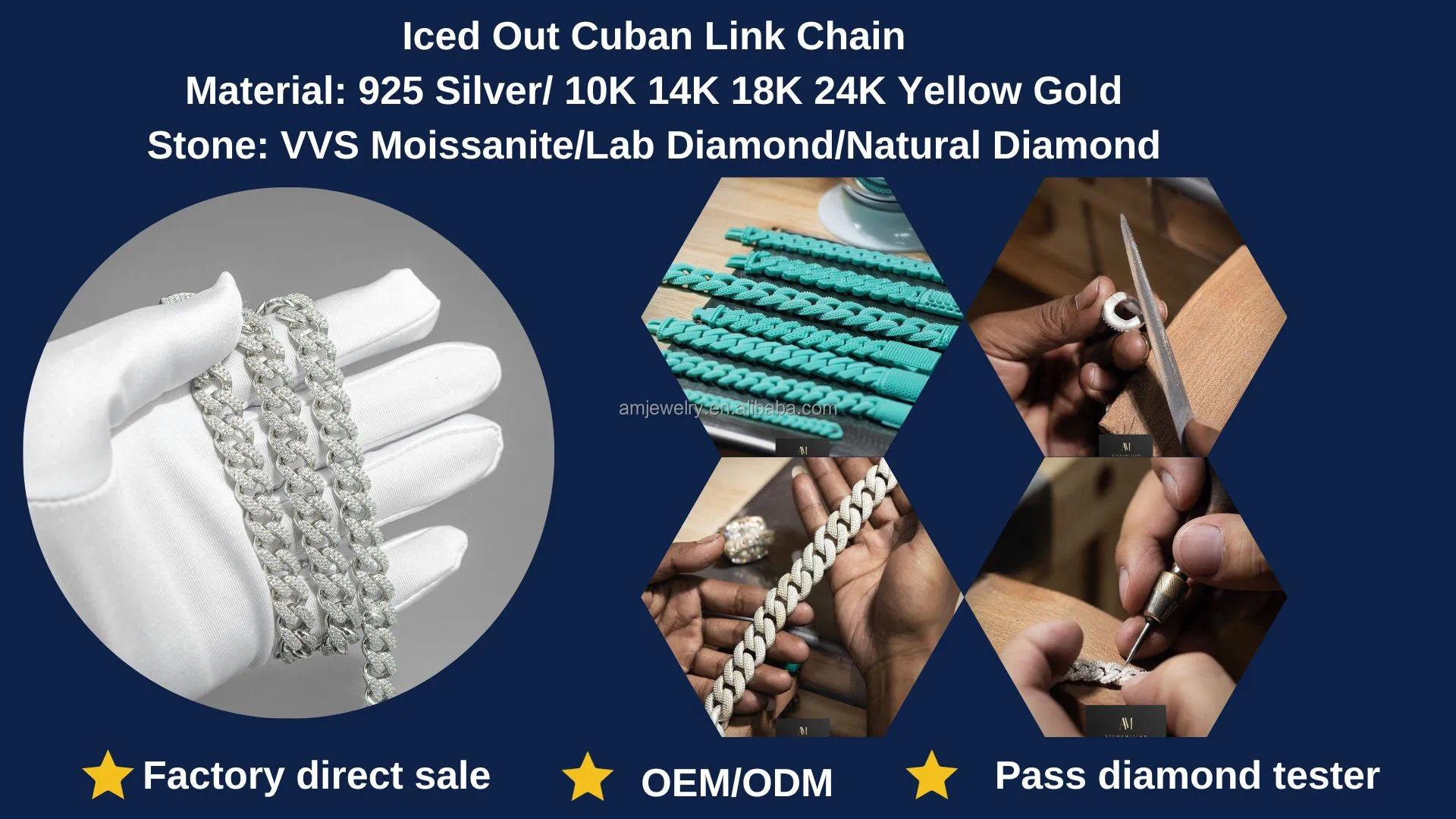 Fine Jewelry In stock 925 Sterling Silver VVS Moissanite Diamond Iced Out Miami Cuban Link Chain Necklace For Men