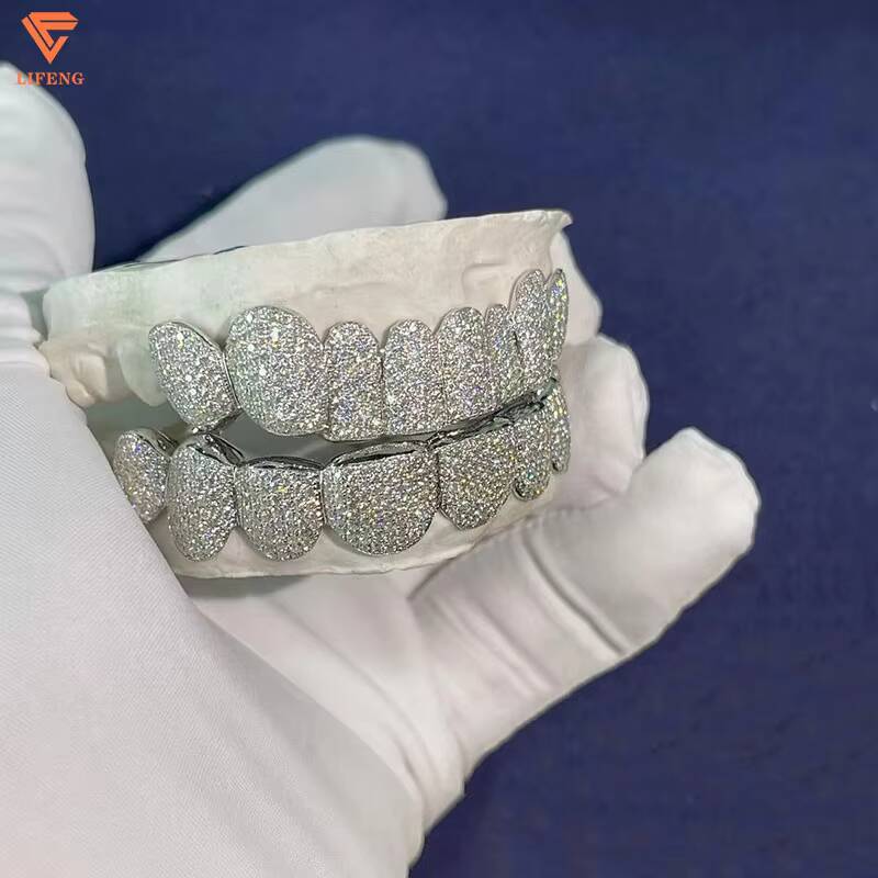 Deep Perm Cut Grillz Custom VVS Moissanite Hip Hop Honeycomb Grills for 16/20 Teeth White Gold Diamond Ice Out Grillz Jewelry