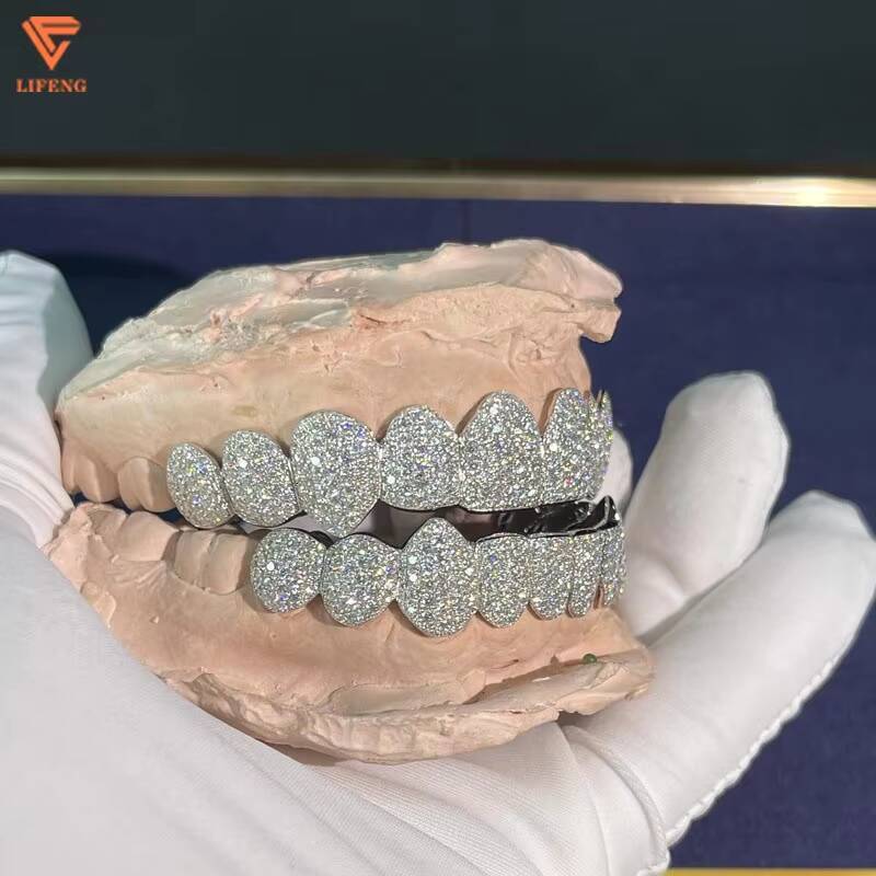 Lifeng Jewelry Deep Perm Cut Grillz Custom VVS Moissanite Hip Hop Honeycomb Grillz 16/20 Teeth White Gold Diamond Ice Out Grillz