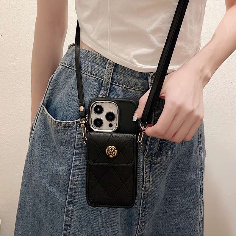 Camellia Card Holder Phone Case Compatible with iPhone 17/16 Pro Max Crossbody Strap Fashion Soft Protective Case iPhone 15/14
