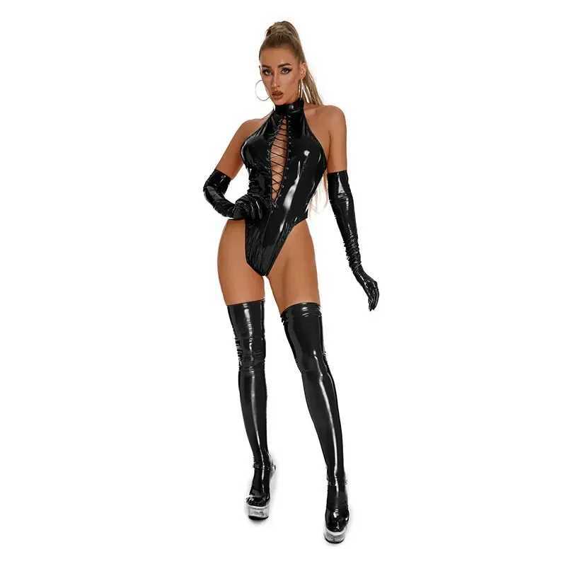 Sexy fashion lingerie zipper open crotch leather bodysuit erotic no crotch bodysuit womens shiny latex bound bodysuit W250419