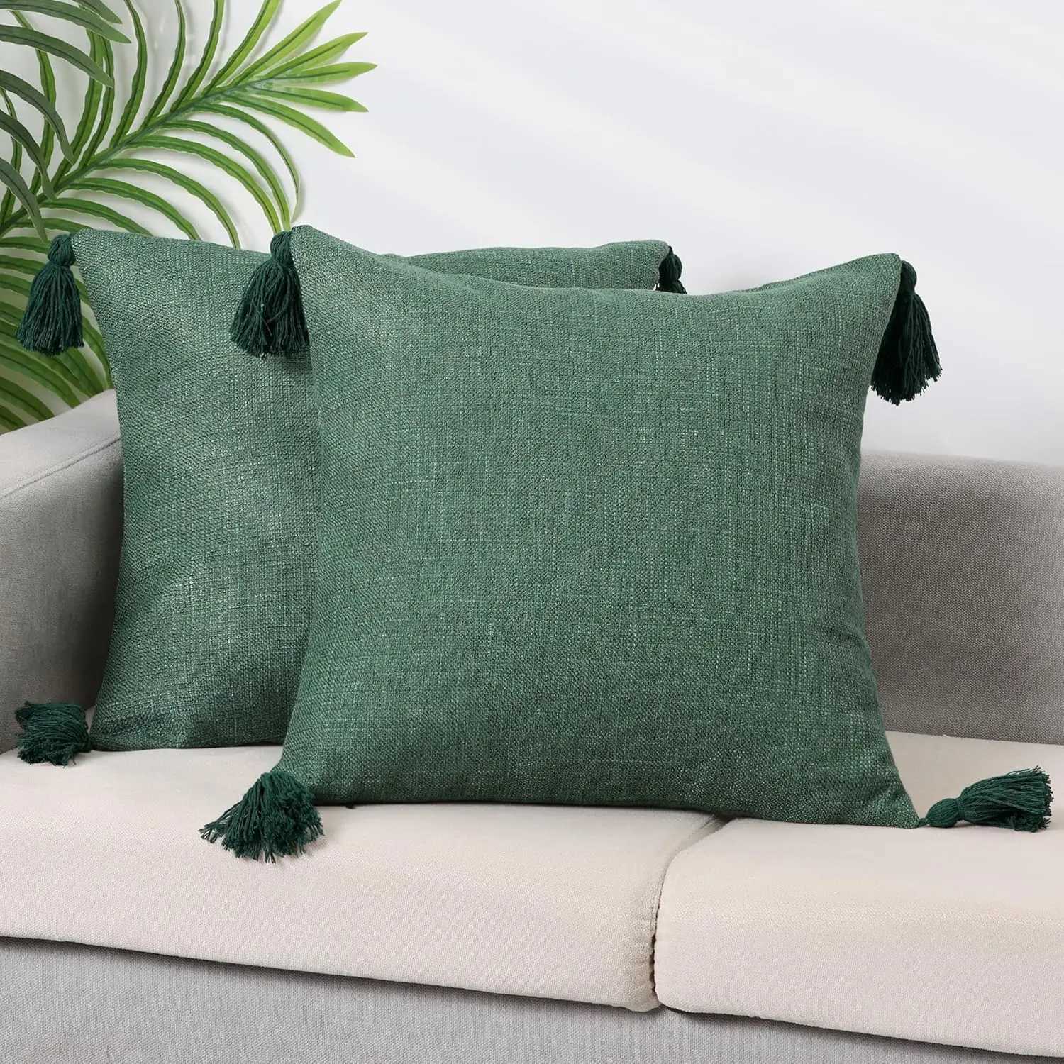 1/2Pcs Green Throw Covers Cotton Linen Sofa Cover with Tassel Boho Gift Farmhouse case Christmas Home DecorM251119