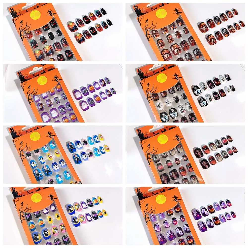 24Pcs/set Bat Spider Web Children Halloween False Nails Pumpkin Ghost Kids Cartoon Fake Nails Nail Supplies with Jelly GelT251118T251119