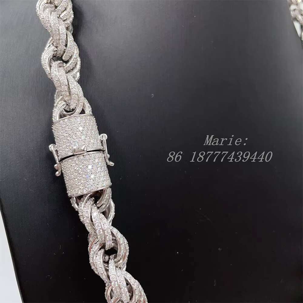 Drop Shipping White Gold 925 Sterling Silver 15mm Micro Pave Vvs Moissanite Diamond Rope Chain Necklace