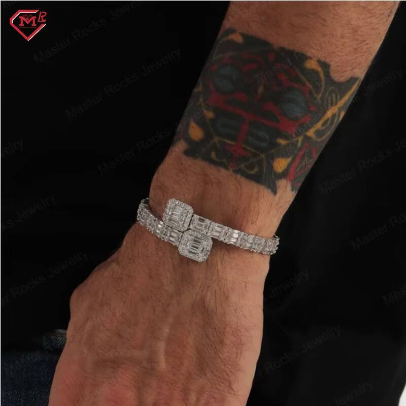 Hip Hop Jewelry Moissanite Bangle Baguette 925 Sterling Silver Vvs Iced Out Moissanite Bracelet