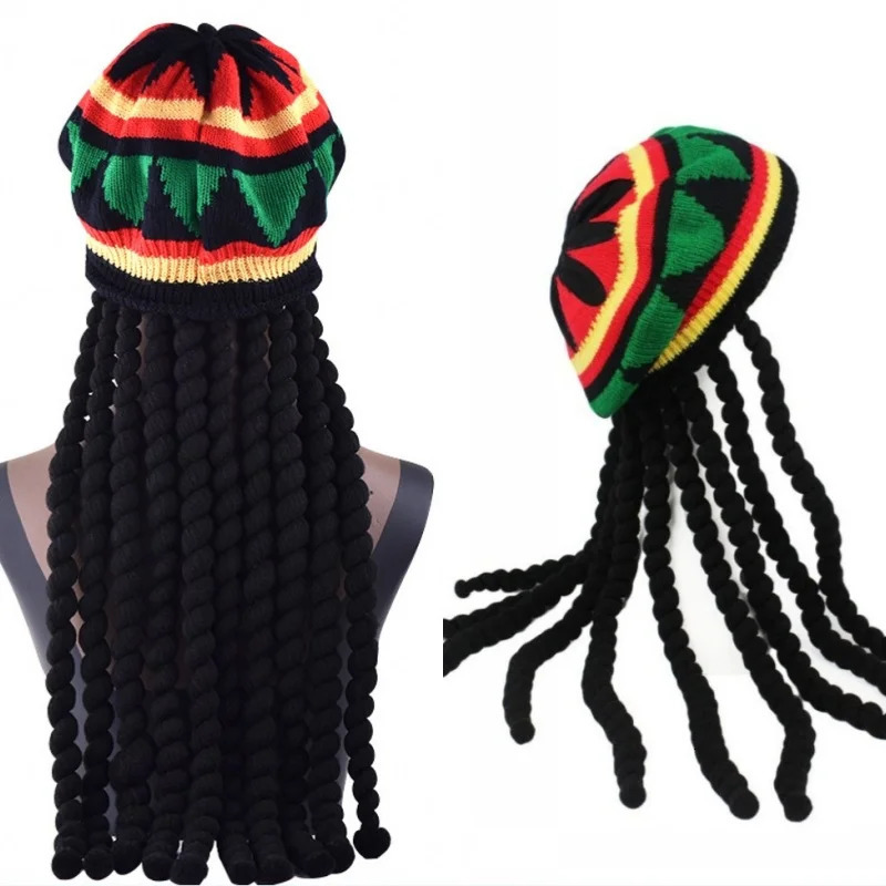 Unisex Knit Braid Hat Jamaican Bob Rasta Beanie Cap Hip Hop Cap Men Dreadlocks Wig Bob Caribbean Fancy Dress Up Headwear251118