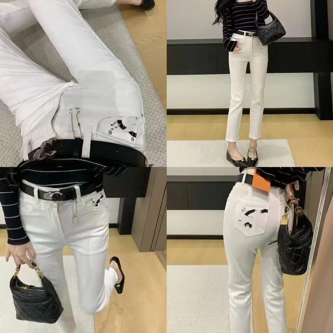Women new korean fashion high waist denim jeans designer logo embroidery with belt sashes pants cool trousers SMLXL